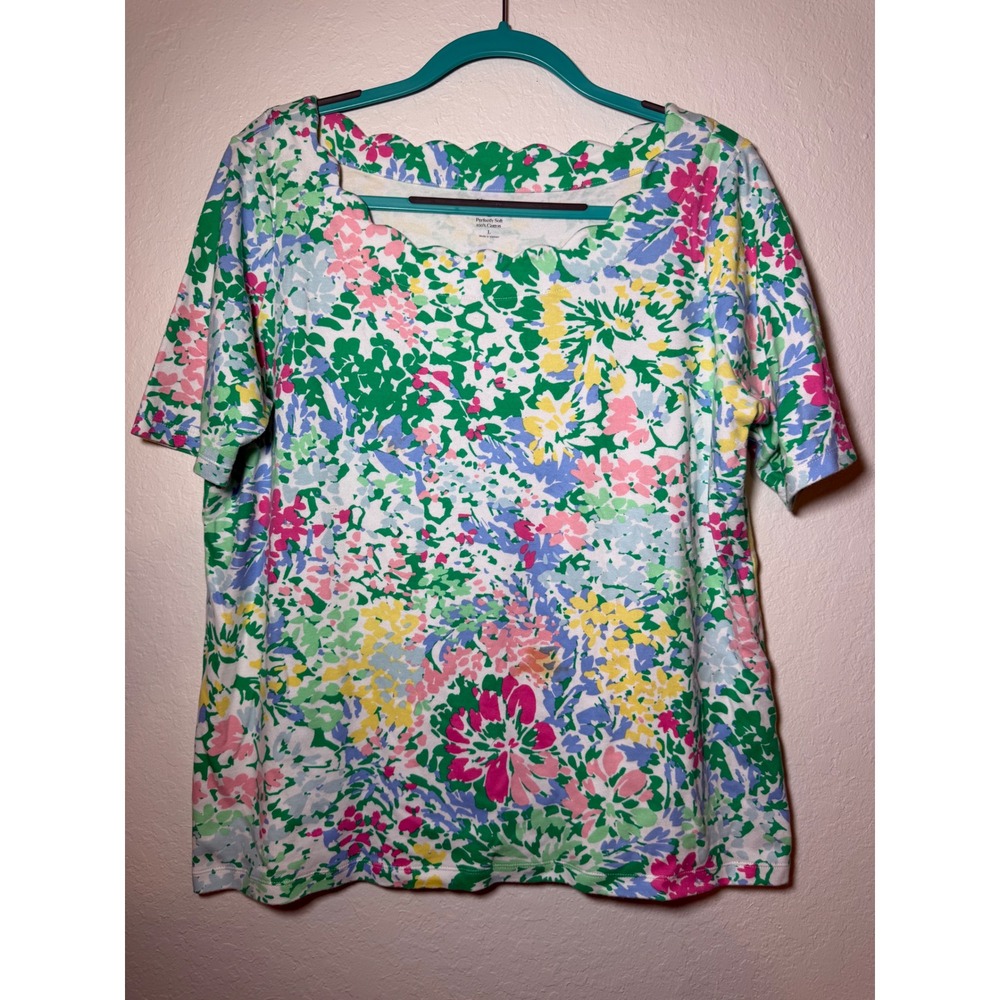 Kim Rogers Perfectly Soft Floral Scalloped Neck Cotton Top Green Pink Blue L